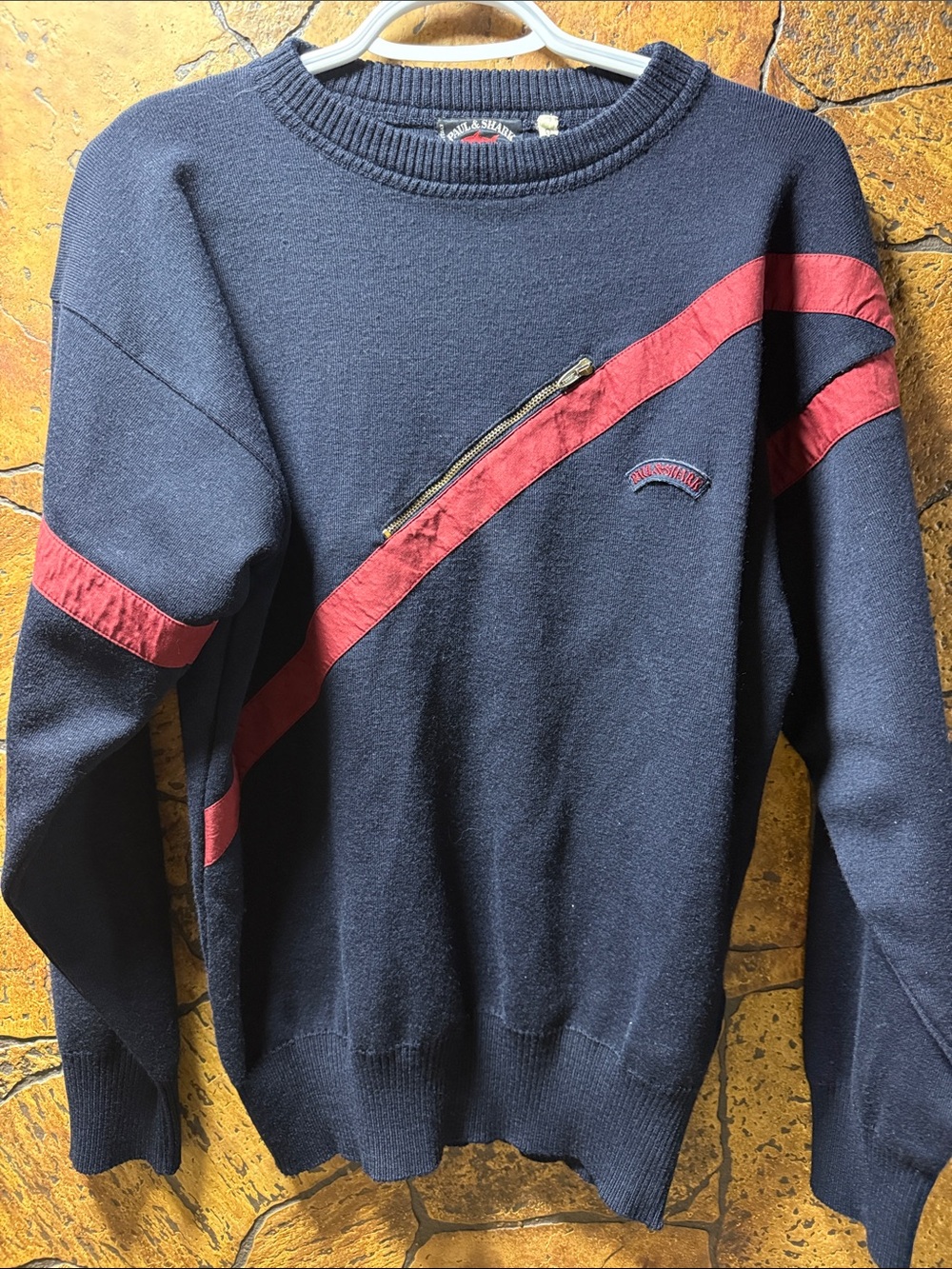 Paul & Shark Navy Crewneck Sweater with Red Diagonal Stripe P2P 19” length 26”